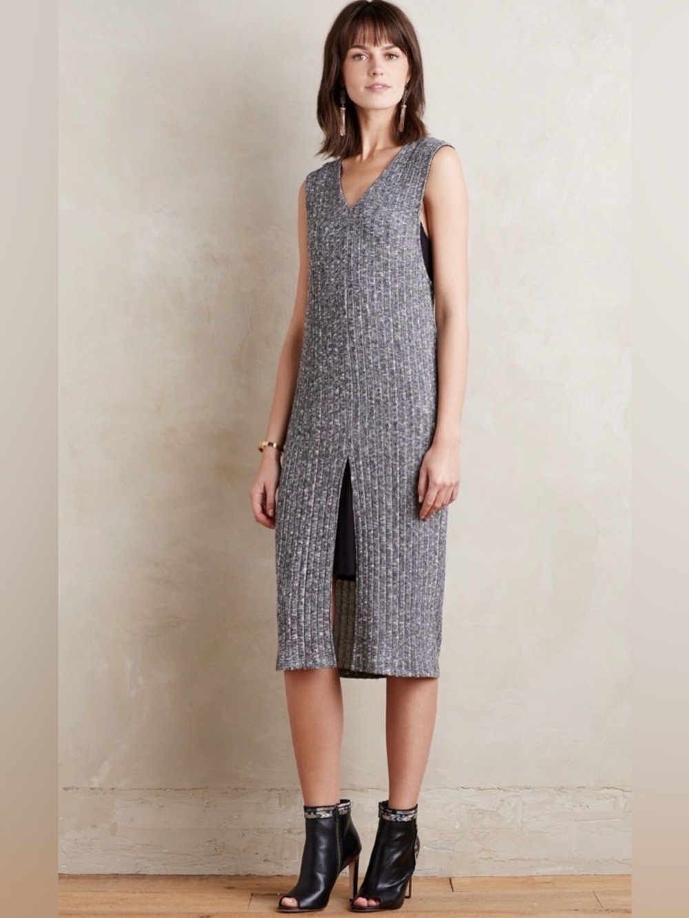 dolan Layered Luna Dress Gray Ribbed V‑Neck Midi Dress with Front Slit